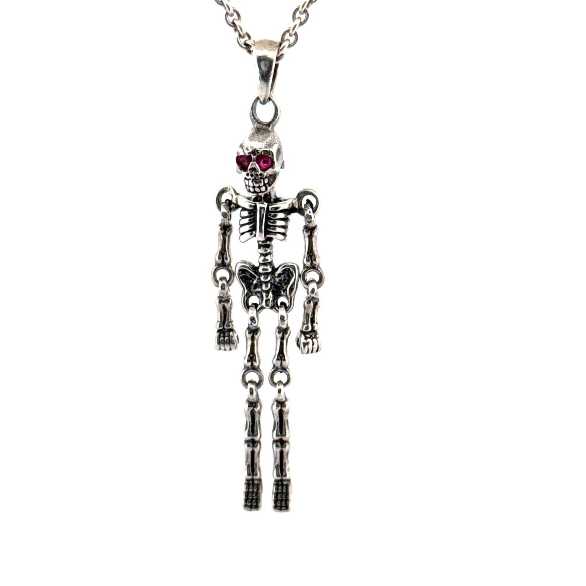 Sterling silver skeleton pendant necklace with ruby eyes